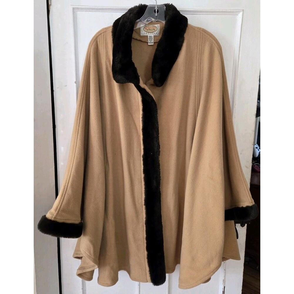 Talbots Cape Coat Poncho Camel Color Wool Cashmere Fur Trim Petite L/XL Vintage
